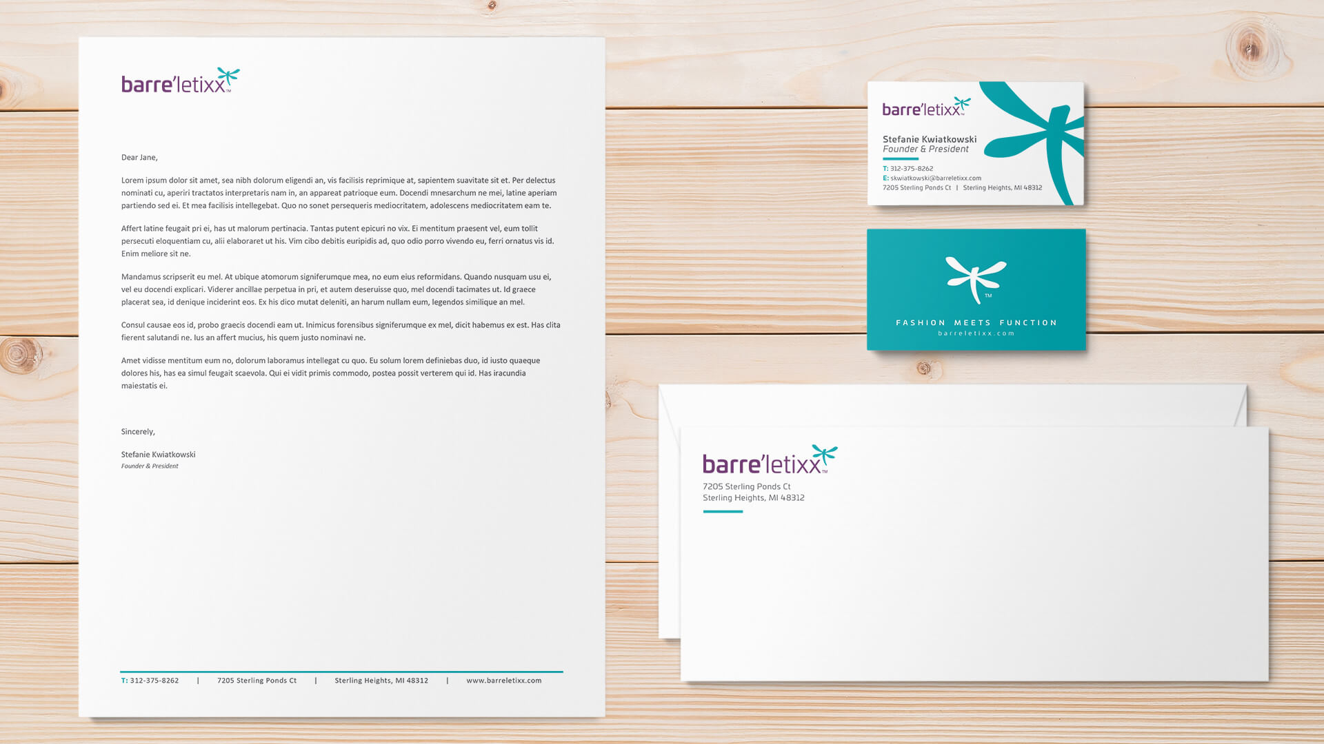 Fulkrum designed the business cards, letterhead, envelopes and packaging design for barre'letixx