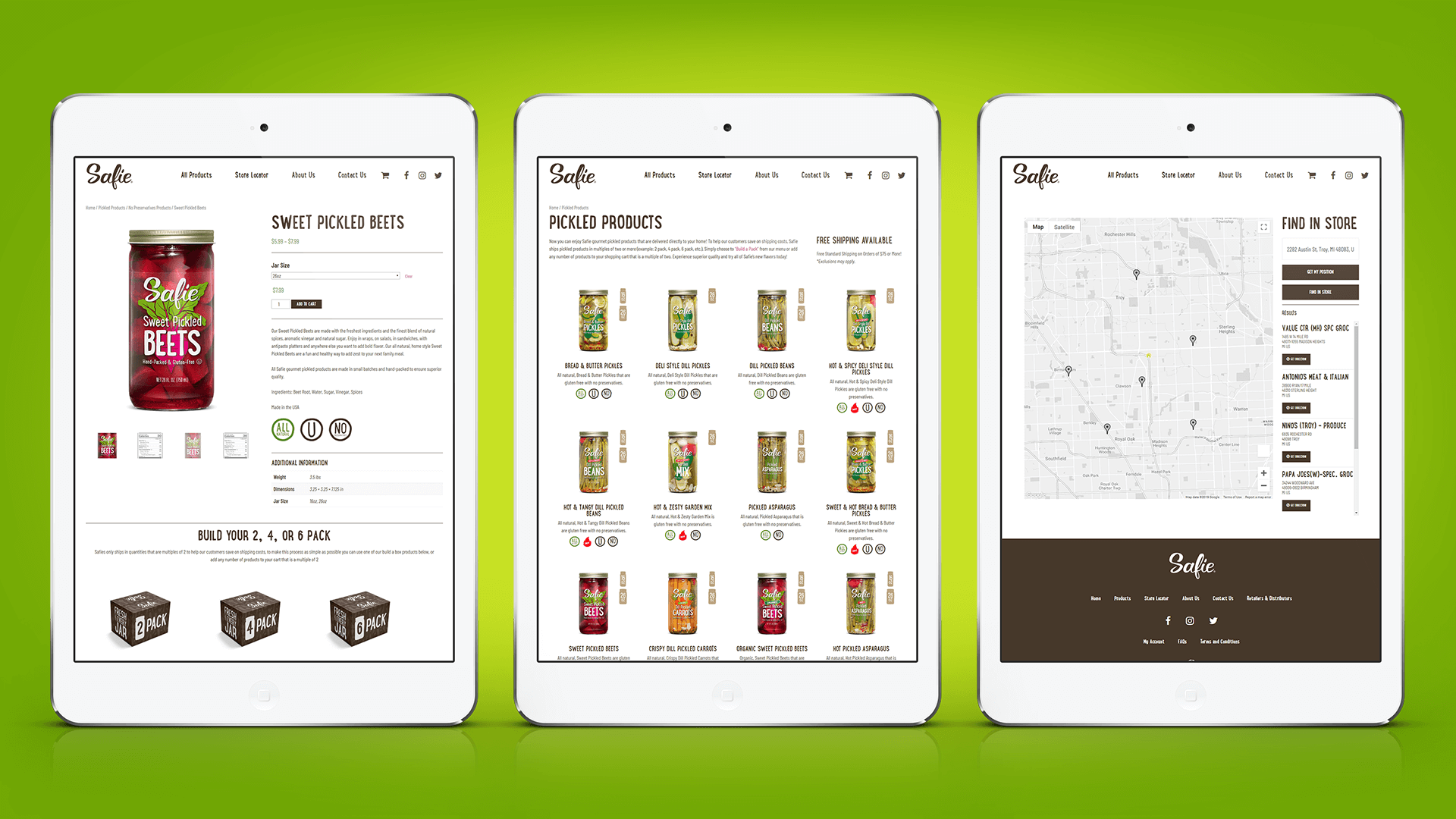 The new product menu, eCommerce store and store locator for Safies Specialty Foods