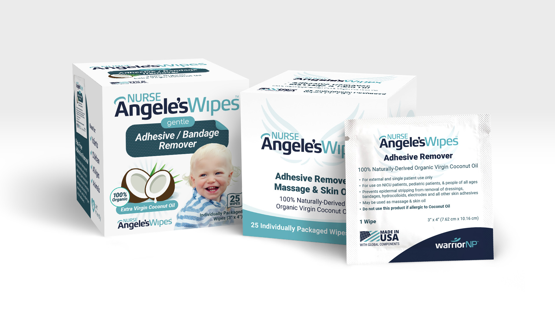 Image of Nurse Angele's Wipes retail and medical packaging