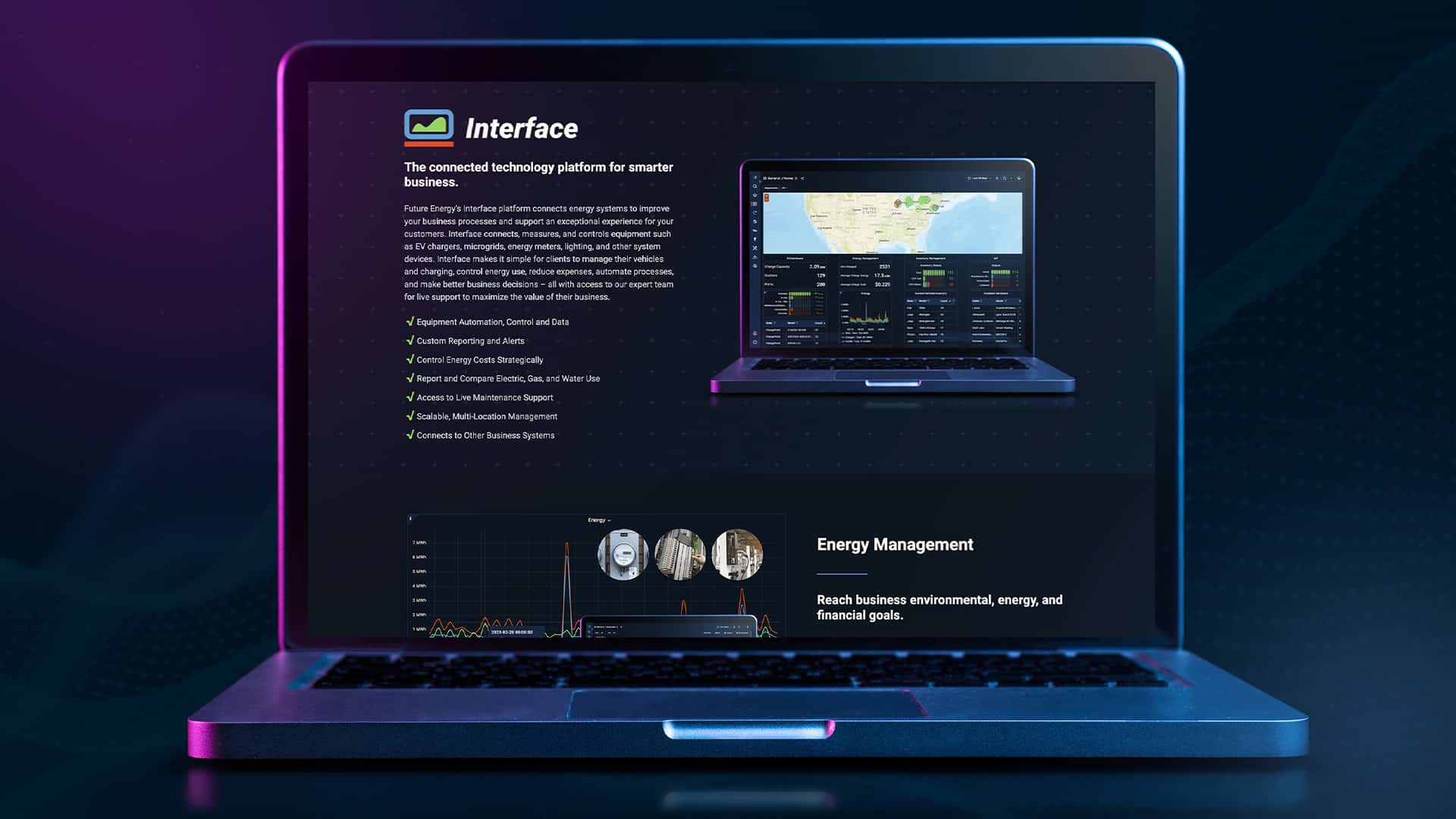 Laptop displaying a web page featuring a software product of Future Energy