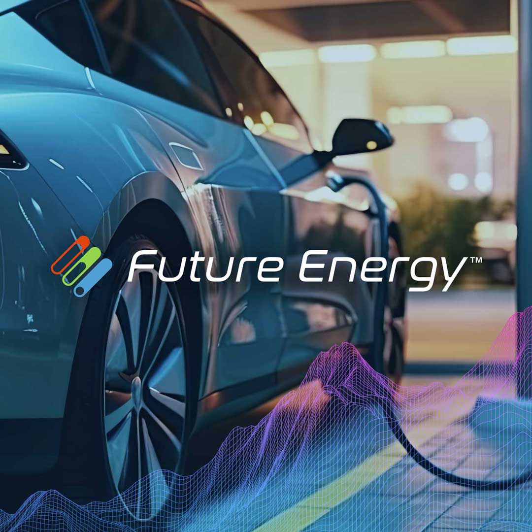 A photograph of an EV charging with a banner in front of it showing Future Energy's logo