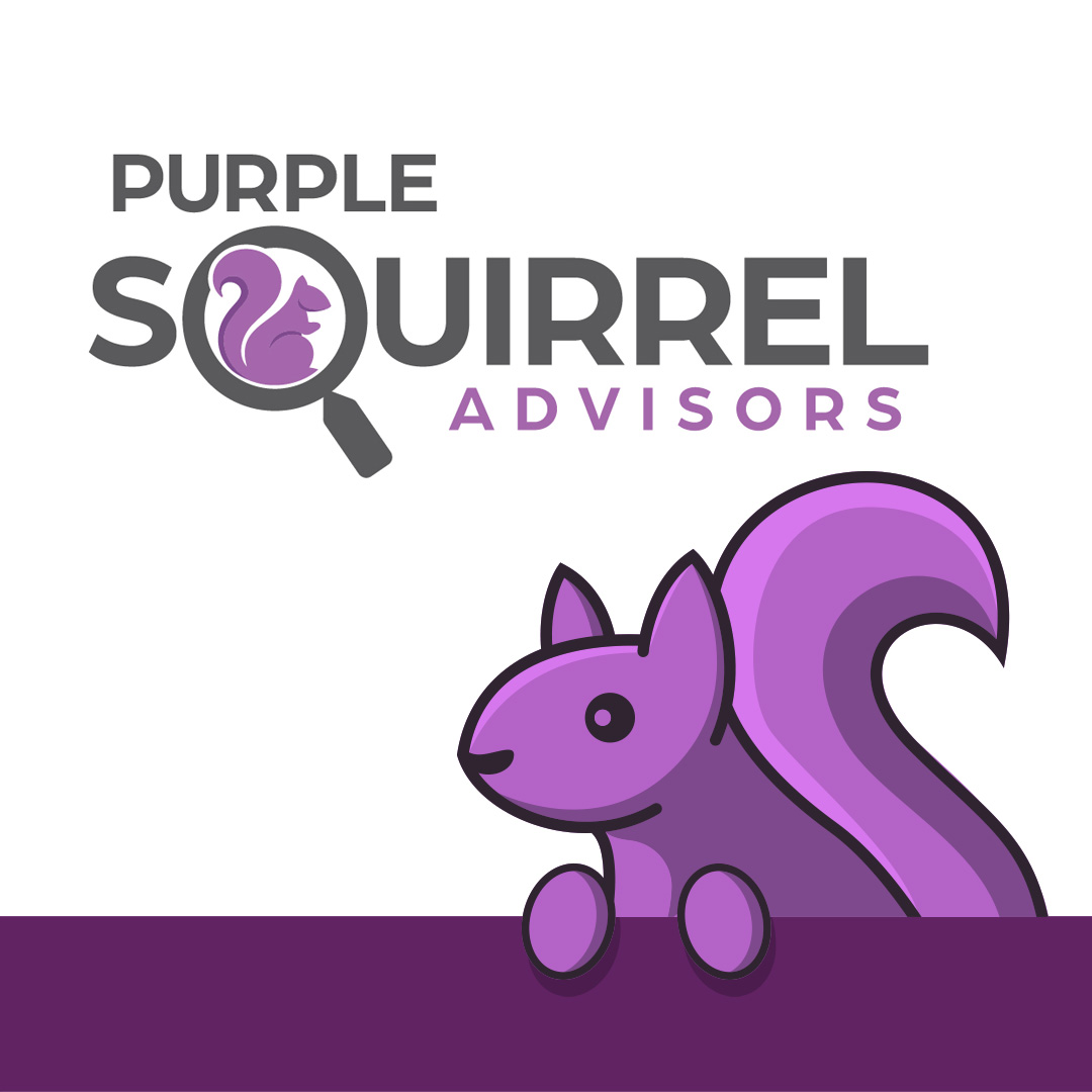 Purple Squirrel Logo with squirrel peering over edge