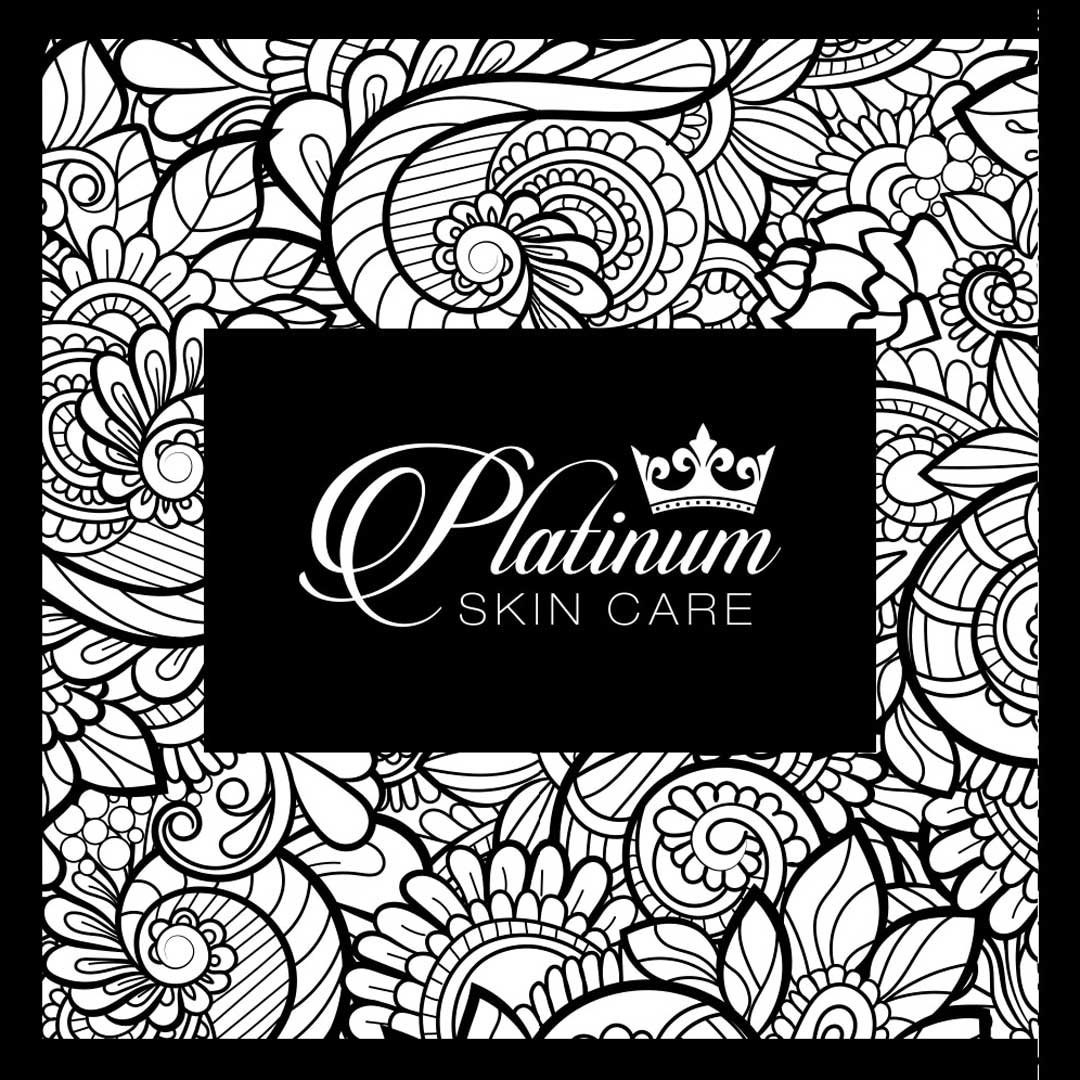 Platinum Skin Care's logo in a black box surrounded by flowerful illustration