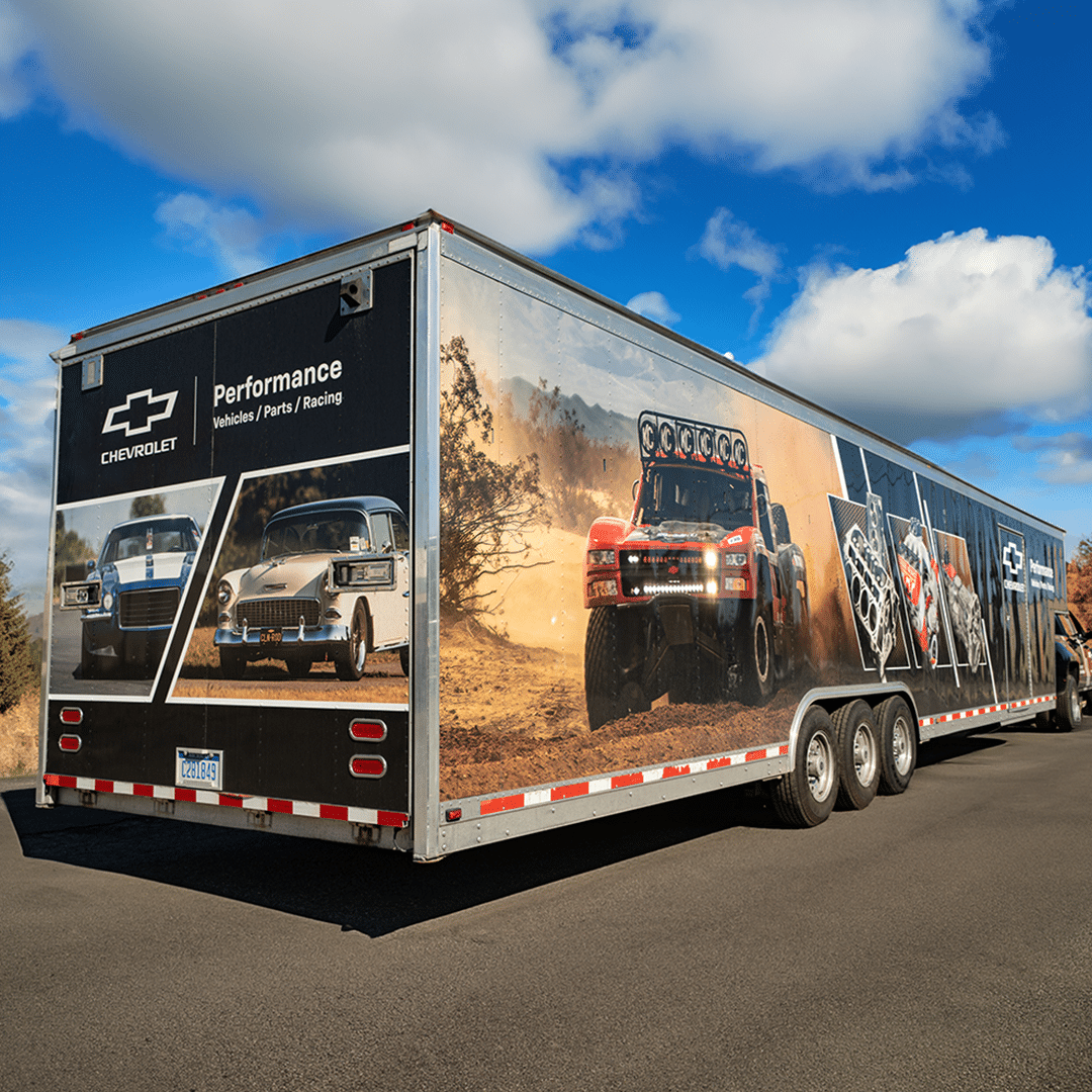 Chevrolet Performance trailer wrap three quarter view