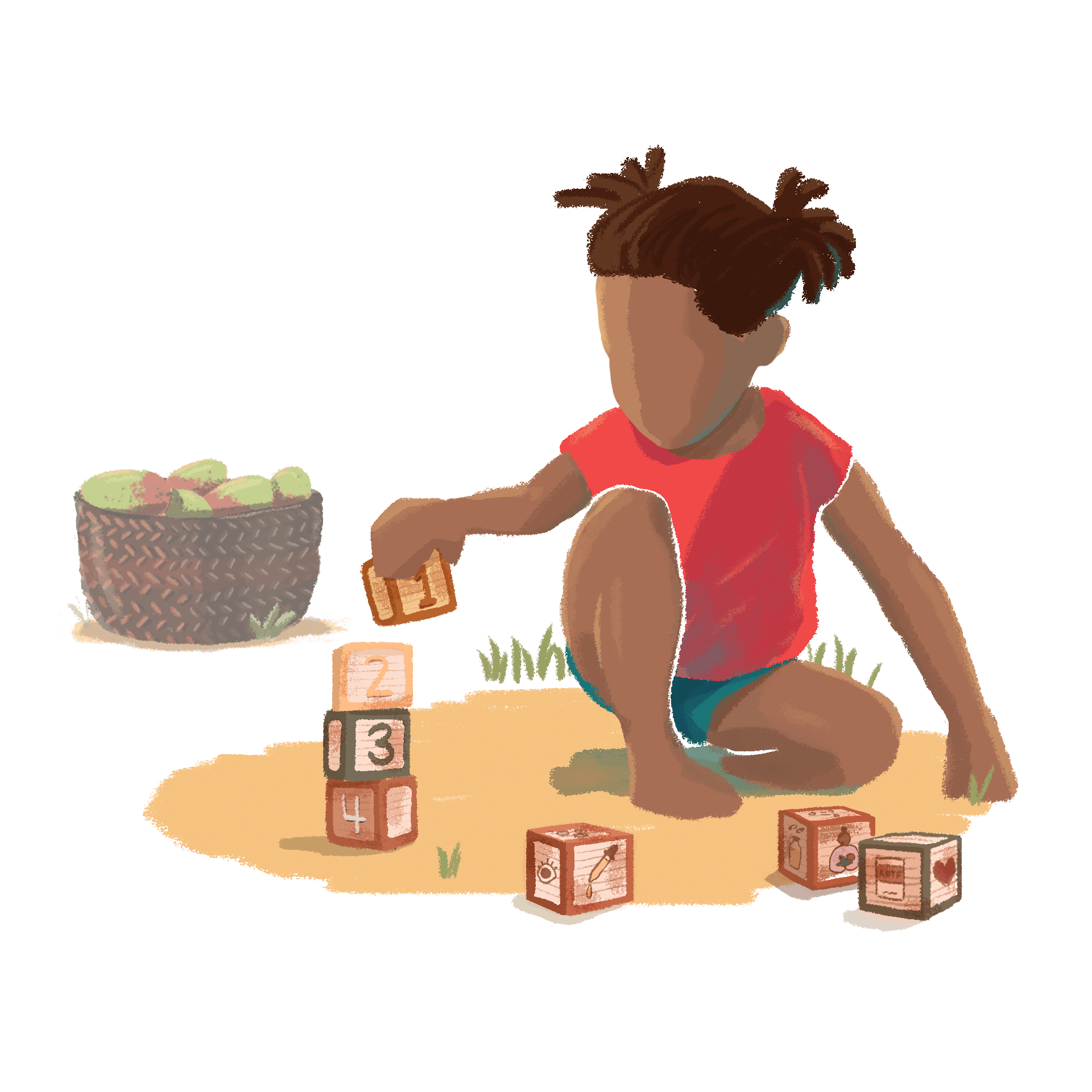 Small child playing outside with block