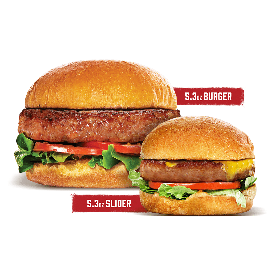 A photo of two juicy burgers, one being a full burger and the other a slider, from Pioneer Meats