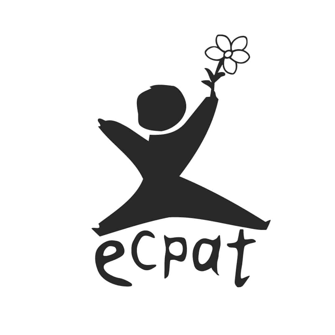 Ecpat International's logo which is a young child rejoicing, while holding a flower