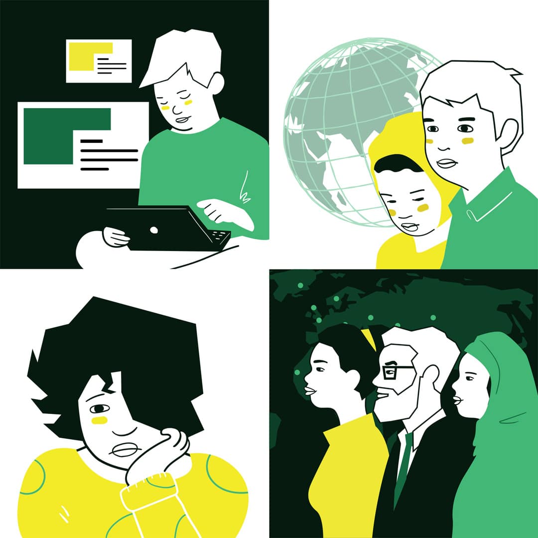 A collection of four illustrations for Epcat International .The first being a man exploring an online website on his laptop, next is a photo of two young kids with the world in the background, a pondering woman, and the last with three adults of different nationalities.