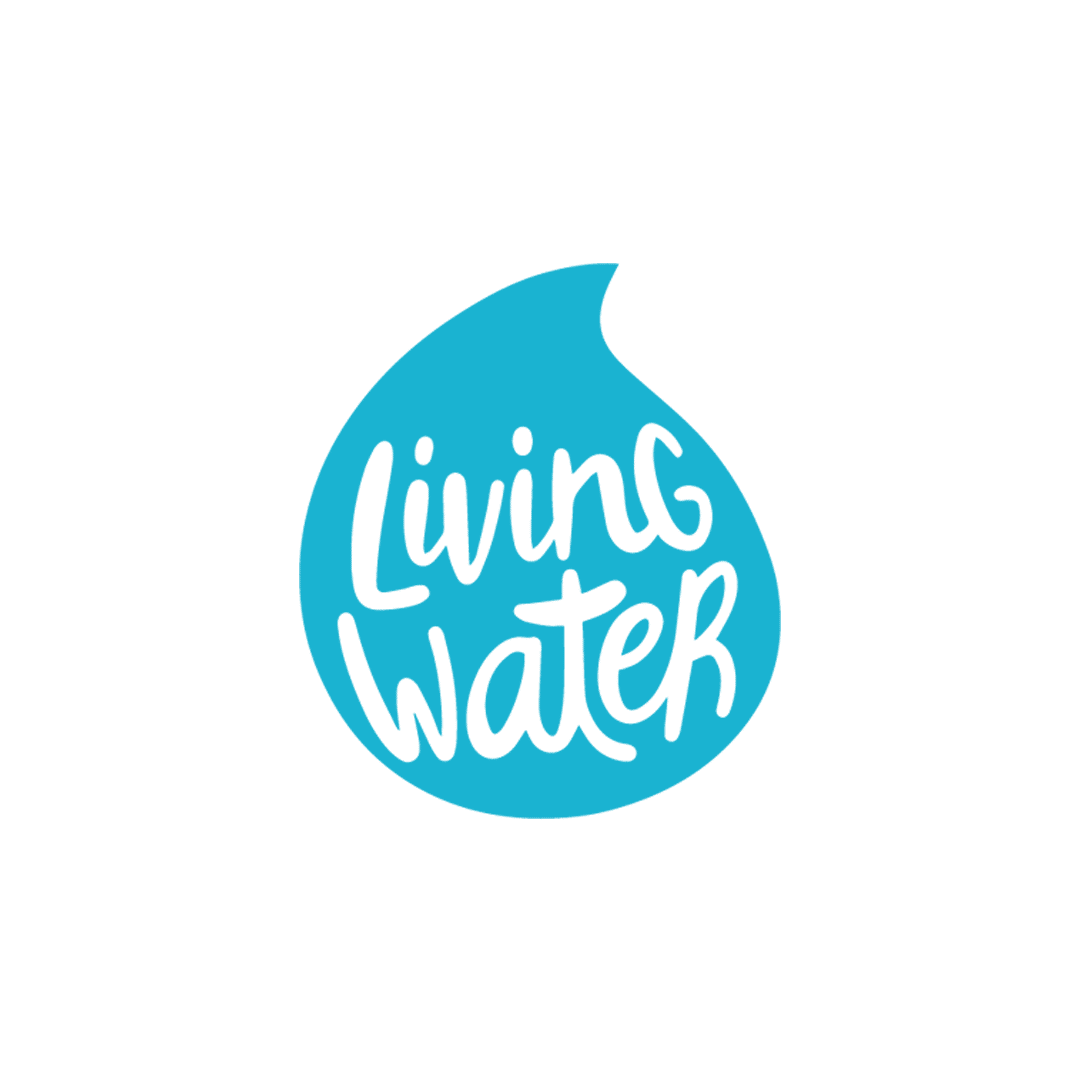 Living Waters logo which is a water droplet with cursive text in it that says 