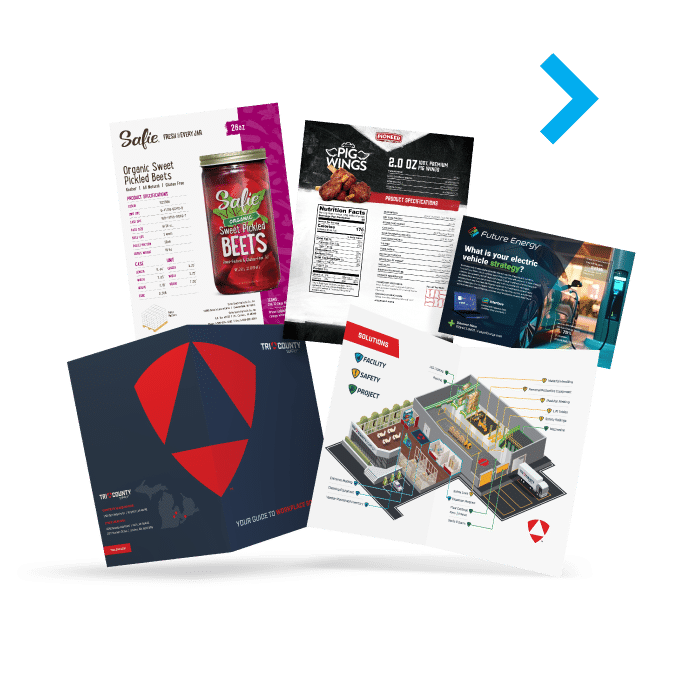 A collection of printed marketing sales materials Fulkrum has worked on: Safie, Pioneer Meats, Future Energy, and more.