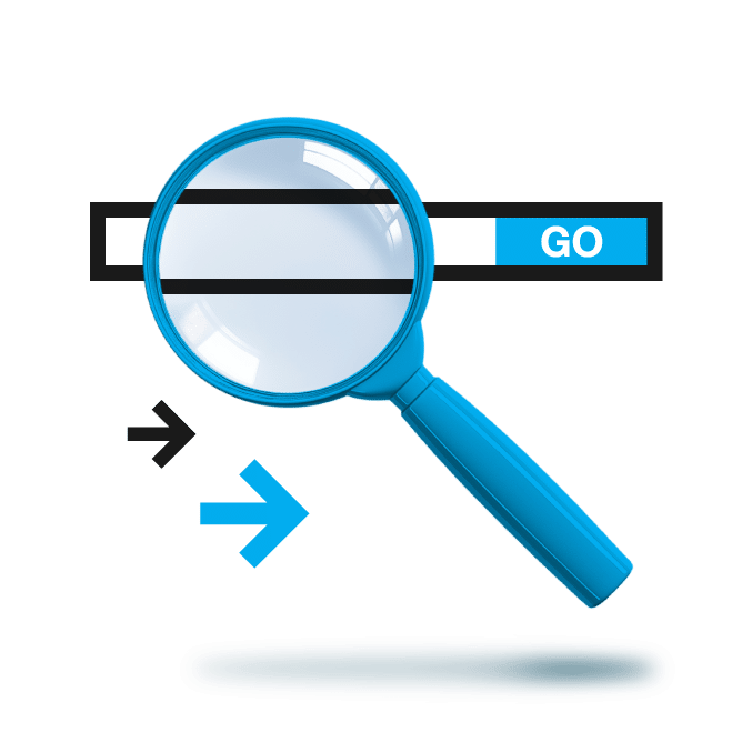 A illustration of a magnifying glass investigating an online search bar.