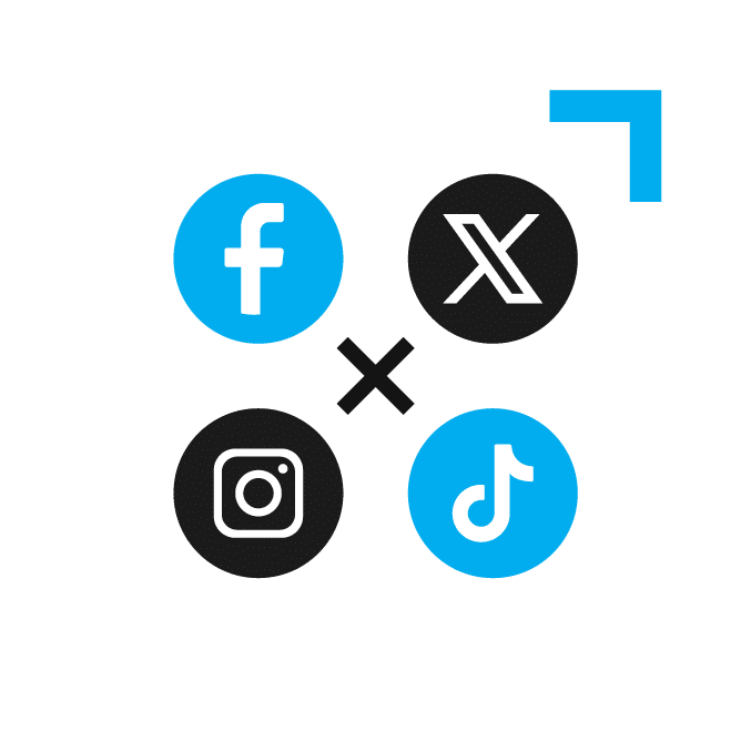 An assortment of social media logos including: Facebook, X, Instagram, and TikTok