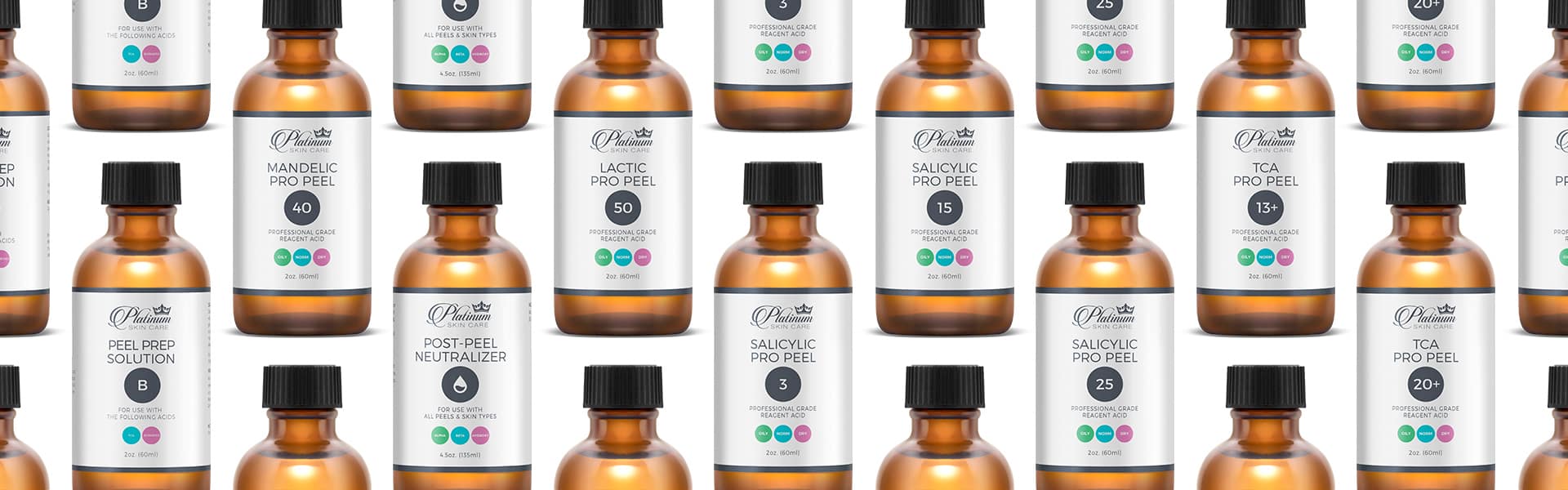 Image of the Platinum Skin Care Peel products in bottles