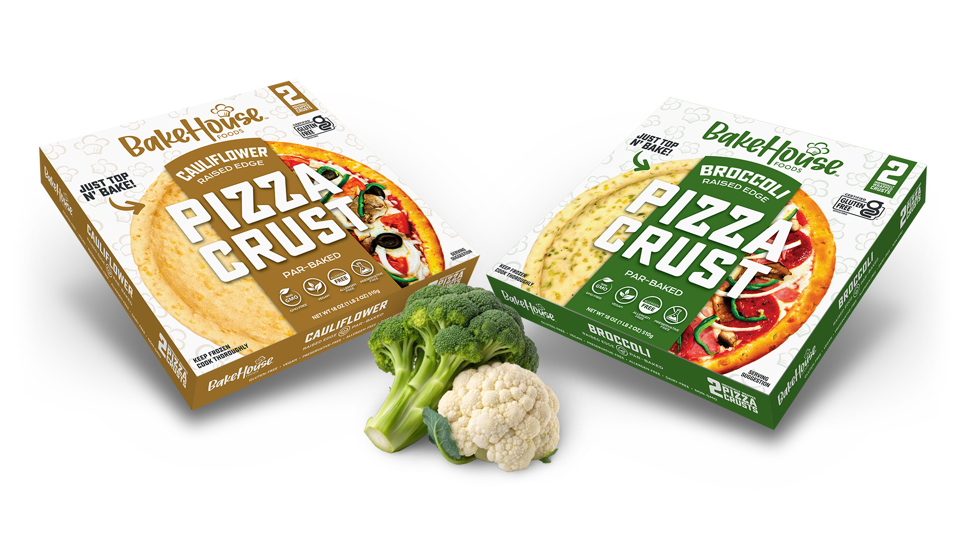 Bakehouse Foods cauliflower and broccoli pizza crust boxes