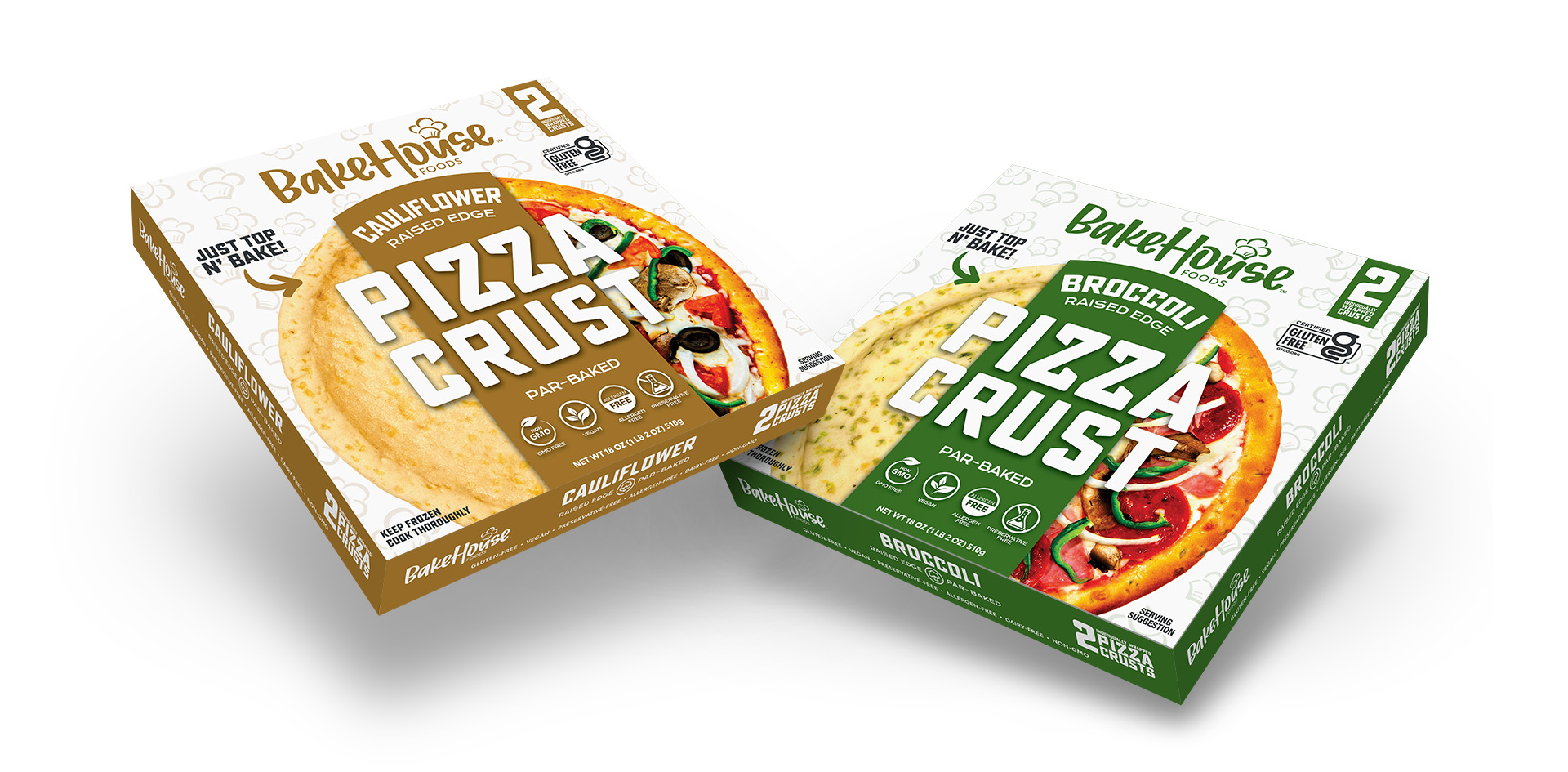 Bakehouse Foods cauliflower and broccoli pizza crust boxes