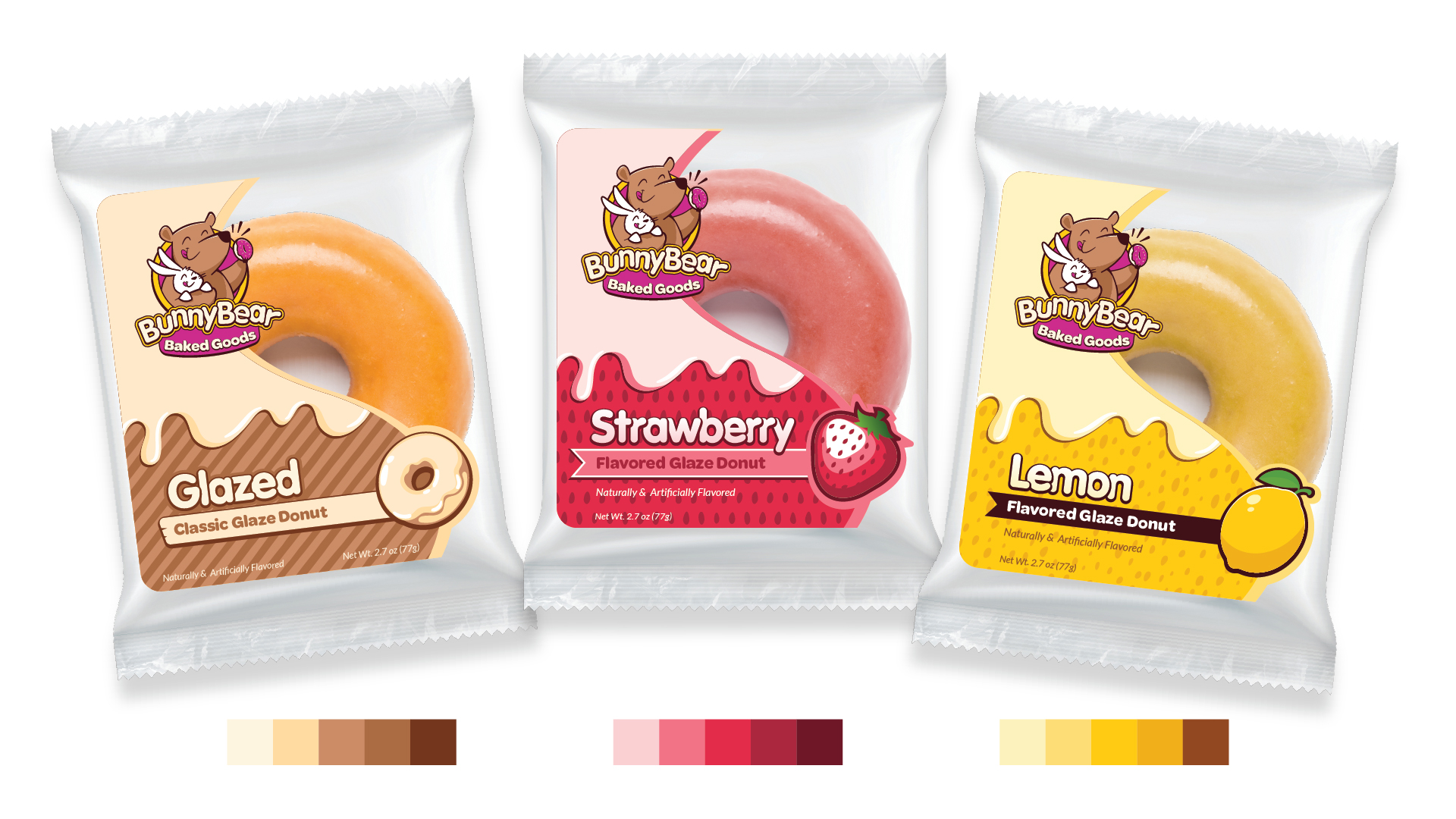 Three Bunny Bear donut packages and color schemes
