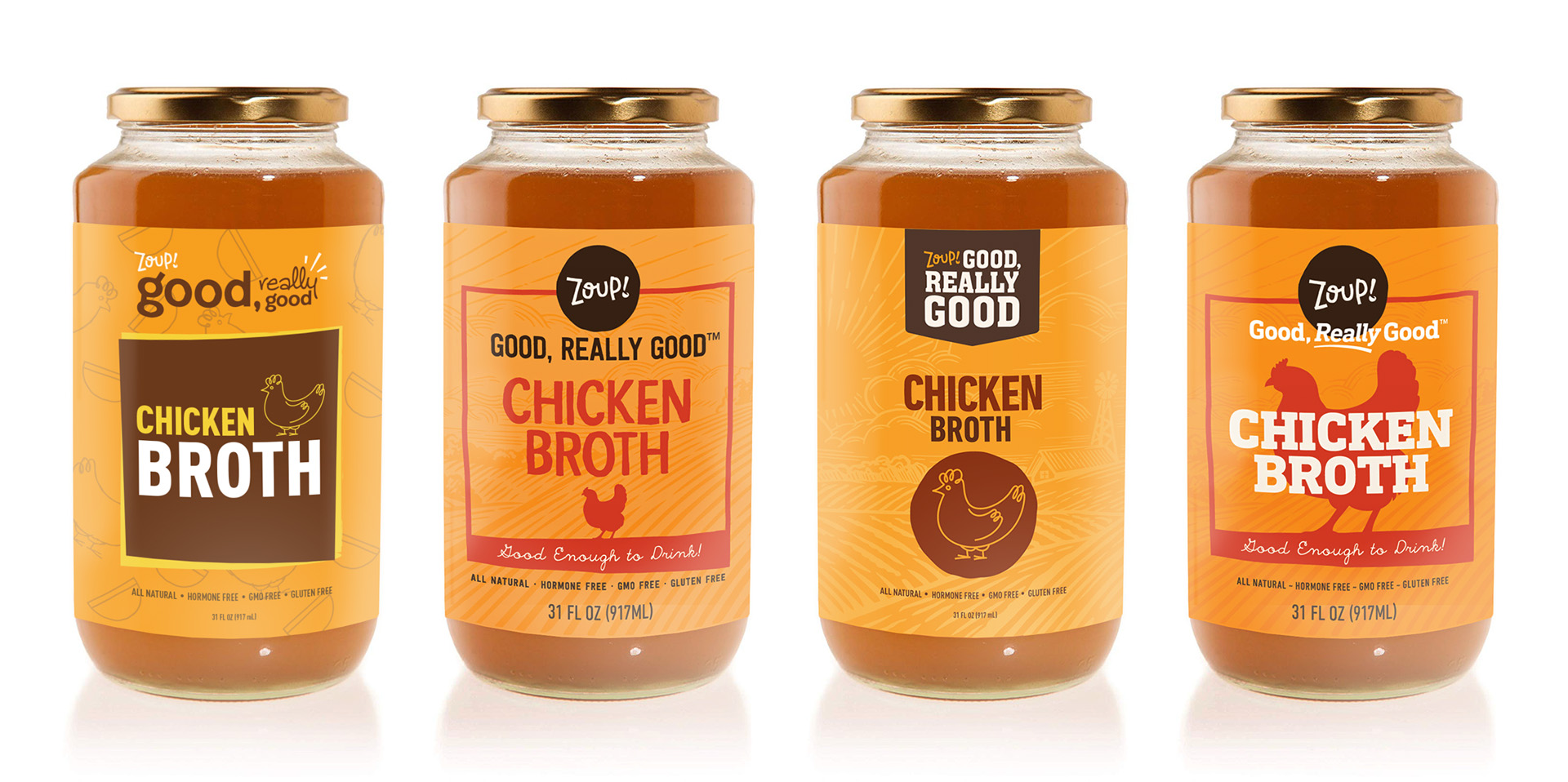 Zoup jars displaying various options for their Chicken Broth labels