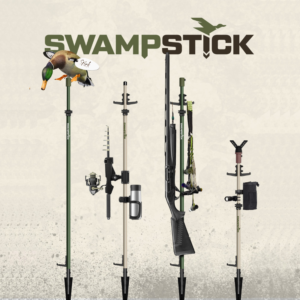 An image of Swamp Stick's four utility poles decked out with accessories, showing off their versatility.